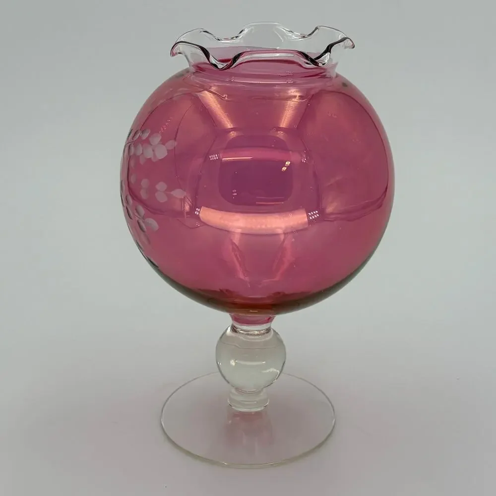 Vintage Cranberry Glass Pedestal Rose Bowl Vase, Etched Flower, Ruffled Rim 8